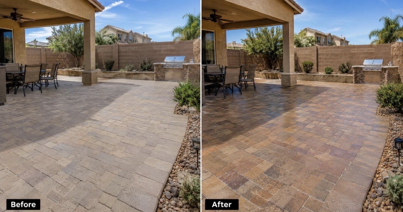 Before and after backyard paver cleaning and sealing