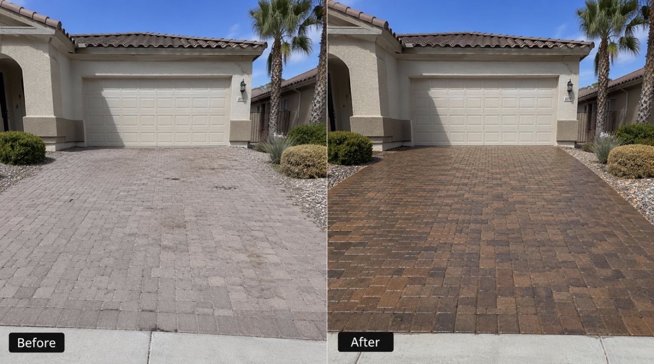 Before and after paver driveway cleaning and sealing